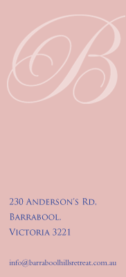 Barrabool Hills Retreat. 230 Anderson's Rd, Barrabool Victoria 3221. Phone 0414 661476
